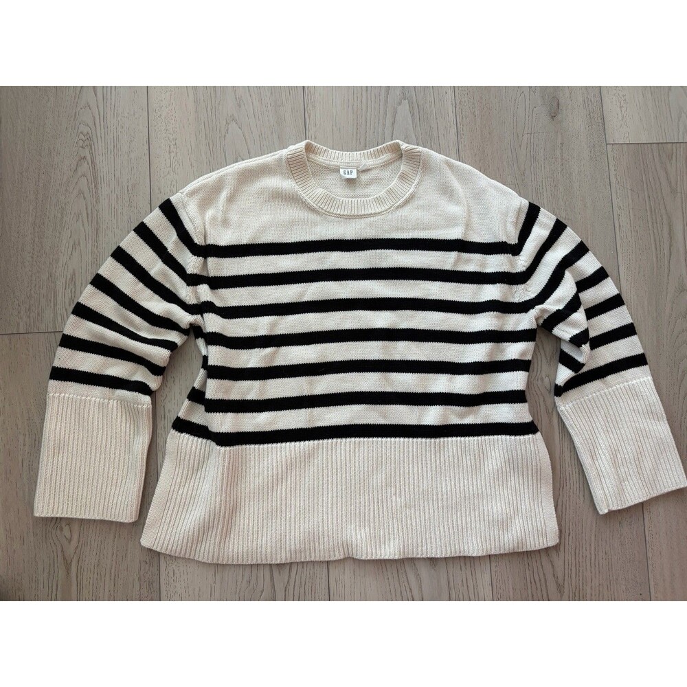GAP Drop Shoulder Sweater Women's Small White Black Stripe Nautical Coastal